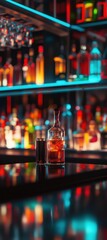 Variety of alcoholic drinks and multi colored cocktails on the reflective surface of bar counter. Blurred shelves with bottles on background. AI generative