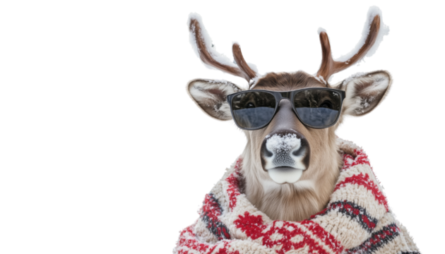 A trendy reindeer in sunglasses and a festive sweater, showcasing humor and style against a snowy background.
