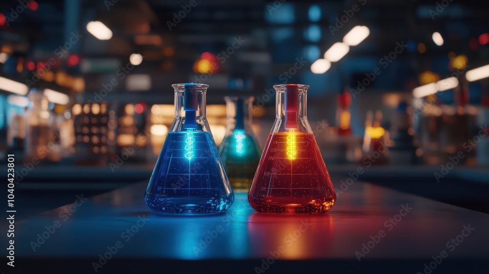 Poster colorful laboratory flasks filled with bright liquids, illuminated in a modern science lab setting.