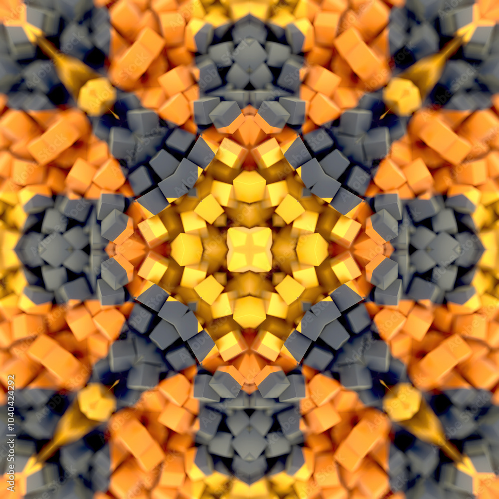 Aufkleber Digital illustration with a symmetrical pattern of cubes in orange and gray. Modern and abstract style. 3d rendering