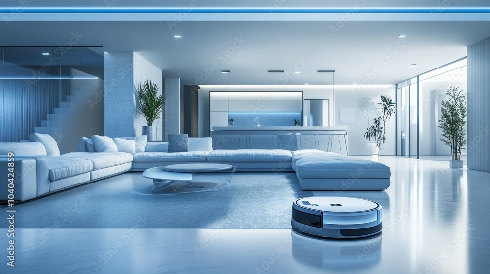 Poster Autonomous robotic cleaning system in a smart home, modern house with cleaning robots and smart appliances, High-tech style