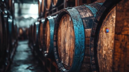 Whiskey, bourbon, scotch barrels in an aging facility. Hand edited, generative AI based.