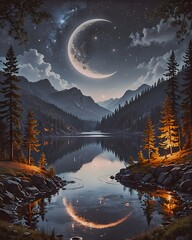 Night In The Forest, With Moon And Lake.