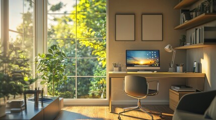 A computer desk with a large monitor and a chair