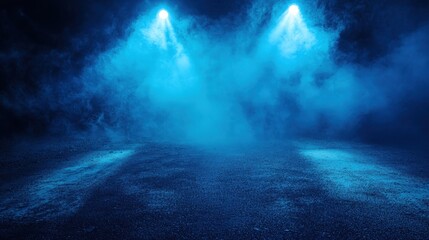 Fototapeta premium There are rays, spotlights, and an empty dark scene lit with blue light. There is a smokey asphalt street with a blue color.