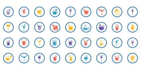Vector icon set of glasses and liquor glasses inside a blue circle and white background