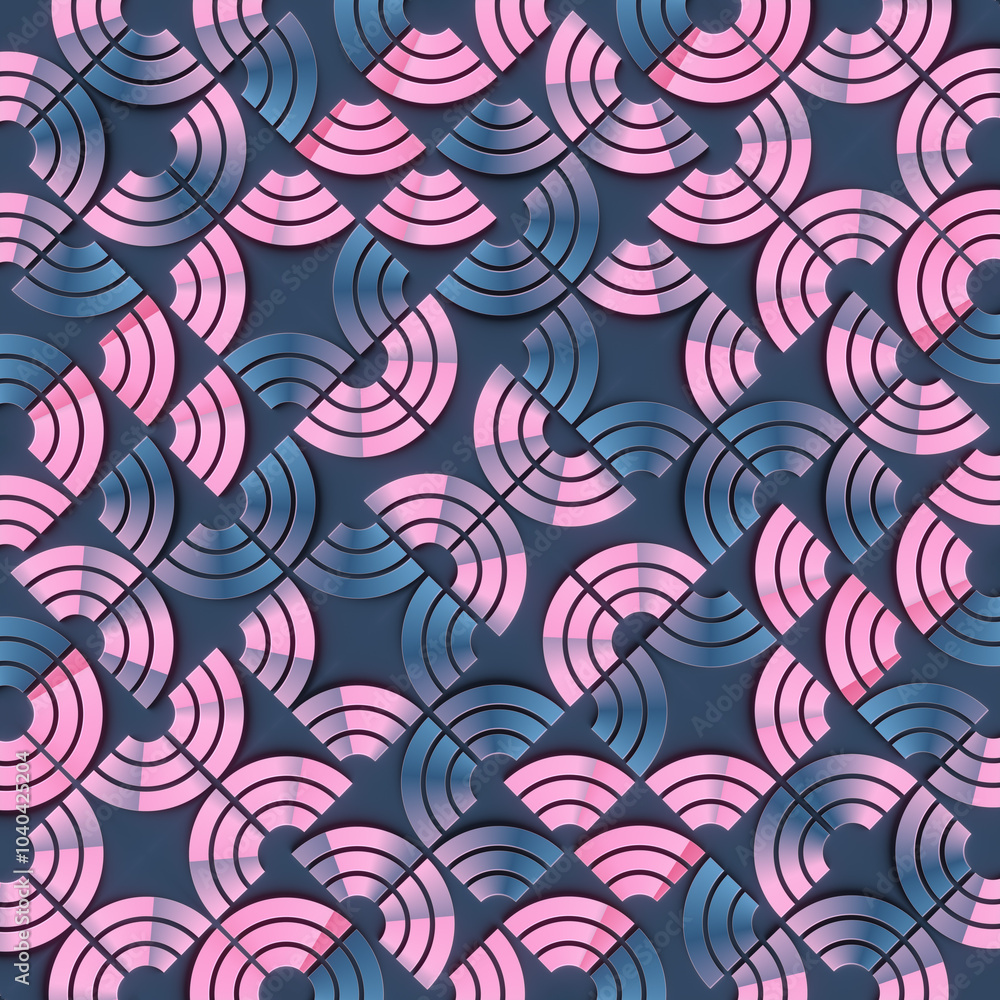 Poster Digital illustration of a repeating pattern of abstract shapes that resemble stylized waves. The color palette is a combination of navy blue, pink and white. Modern and graphic style. 3d rendering