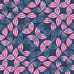 Digital illustration of a repeating pattern of abstract shapes that resemble stylized waves. The color palette is a combination of navy blue, pink and white. Modern and graphic style. 3d rendering