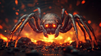 A large, black spider with glowing red eyes crawls over burning embers.