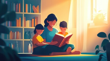 A mother and her children are reading a book together. generative ai