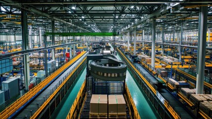 A cutting-edge distribution center brimming with meticulously organized crates and pallets, symbolizing the efficiency of global logistics, photography style