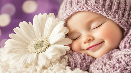 Smiling baby surrounded by white flower - purple background
