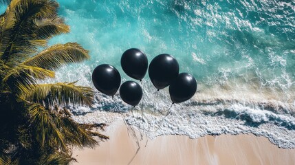 Black balloons in the sea waves in the tropics, Black Friday special offer for exotic vacation with a travel agency