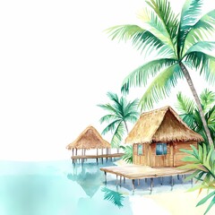 Tropical Island Watercolor Travel Scene with Tradition
