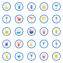 Vector icon set of glasses and liquor glasses inside a blue circle and white background