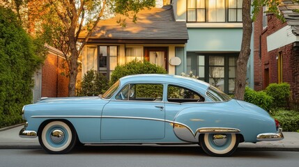 Blue Classic Car Parked in Front of a House