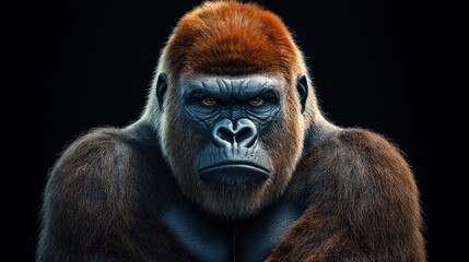 Fototapeta premium Portrait face powerful dominant male gorilla on black background, Beautiful Portrait of a Gorilla. severe silverback, anthropoid ape, stern face. isolated black background,Generative AI