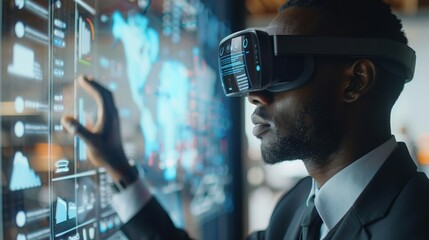 Professional interacting with an AR interface in an office, headset-equipped, managing marketing tasks