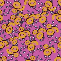 Seamless floral pattern, elegant ditsy print, abstract ornament with green blooming field in retro motif. Pretty botanical design: small hand drawn wild flowers, grass, leaves. Vector illustration.