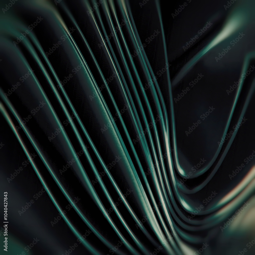 Aufkleber Modern smooth waves of stripes of shiny dark metallic fabric with shimmering light in an elegant pattern and with depth of field. Dynamic abstract background. 3d rendering digital illustration