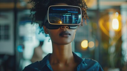 Professional interacting with an AR interface in an office, headset-equipped, managing marketing tasks