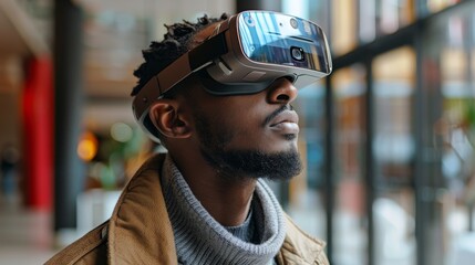 Professional interacting with an AR interface in an office, headset-equipped, managing marketing tasks