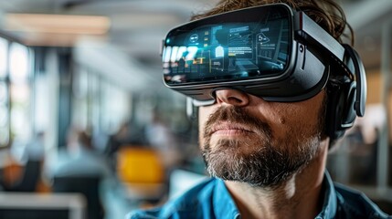 Professional interacting with an AR interface in an office, headset-equipped, managing marketing tasks