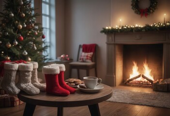 A Christmasdecorated living room with a fireplace and tree