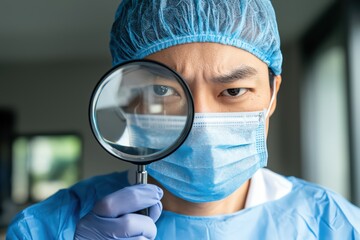 Healthcare worker examining a sample with a magnifying glass, wearing protective gear in a clinical setting.