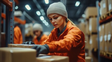 Fototapeta premium Warehouse Worker Sorting Packages with Care