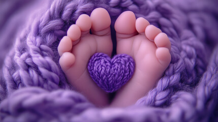 Tiny feets of a newborn in a lilac, purple woolen blanket -  World Prematurity Day concept 