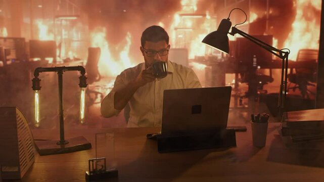 Man Drinking Coffee In Flaming Office Stress Coping Workplace Satire Fire Visual