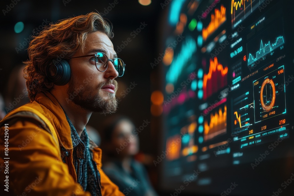 Poster focused analyst observes vibrant data visualizations in modern workspace