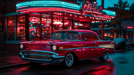 Obraz premium Classic Red Car Parked in Front of a Neon-Lit Diner