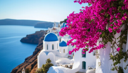 Naklejka premium Charming Santorini house adorned with bougainvillea, set against a stunning coastal backdrop.