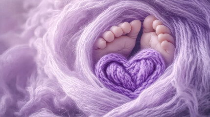 Tiny feets of a newborn in a lilac, purple woolen blanket -  World Prematurity Day concept 