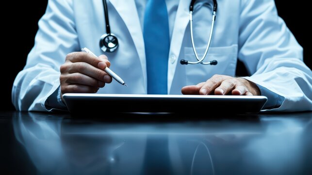 Medical professional in a white coat using a tablet for patient care or research, focused and engaged, isolated against dark background.