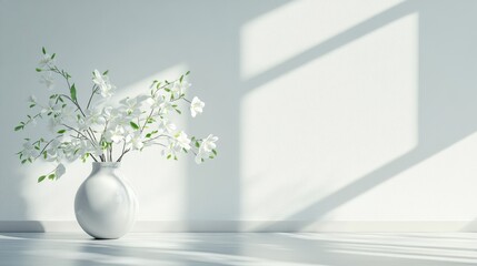 Interior of a home with white flowers in a vase against a light background