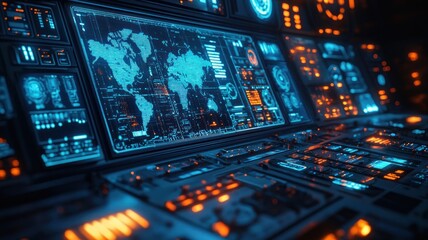 A futuristic digital map displaying global data in a high-tech control room, featuring cool blue tones and an advanced technological environment.