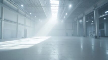 A large, empty warehouse with steel beams and white floors, illuminated by bright lights.