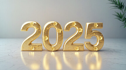 2025 New Year celebration banner with gold number standing on marble surface. Luxury, elegant design. Copy space for text