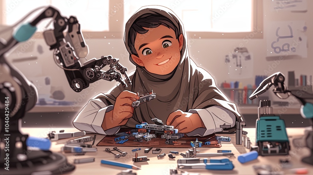 Poster smiling child building robot in a creative tech workshop