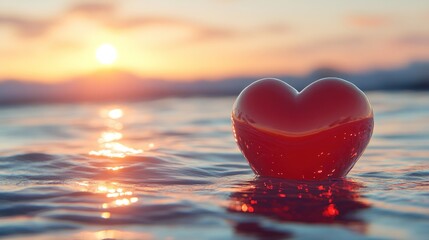 Fototapeta premium Red heart floating on water at sunset.