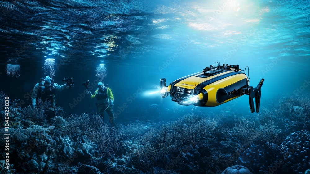 Poster autonomous underwater exploration drones, oceanic research vessel with underwater robots and marine 
