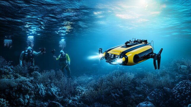 Autonomous underwater exploration drones, oceanic research vessel with underwater robots and marine scientists, Innovative style