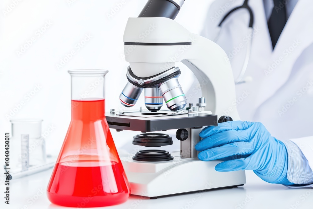 Poster scientist analyzing samples with a microscope and laboratory glassware on a white background.