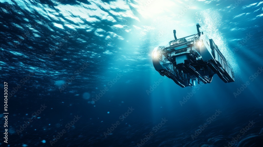 Poster Autonomous underwater exploration robots mapping deep-sea trenches, oceanographic research vessel with robotic submersibles, Ocean Exploration style