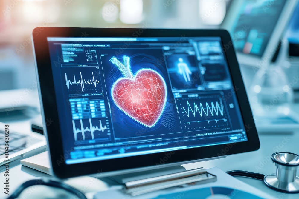 Poster tablet displaying heart health data with vivid graphics in a medical setting.