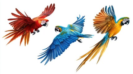 Fototapeta premium Collection of three birds, flying macaw parrots set (red, blue and blue-and-yellow) isolated on white background as transparent PNG, generative AI animal