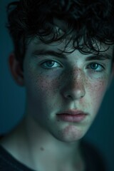 Neutral Expression Portrait on Deep Blue Monochrome Background for Artistic Display